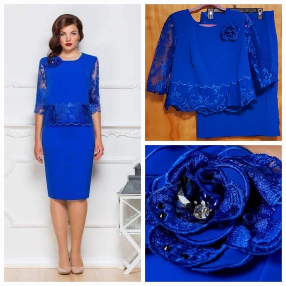 BLUE SUIT SET WITH SKIRT AND FLOWER BROOCH